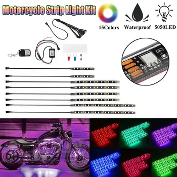 8stk Motorcykel RGB LED lysbånd Kit 15 farver Vandtæt bluetooth-4 Nøgler Remme Kontrol 5050SMD Underglow Atmosfære Lys