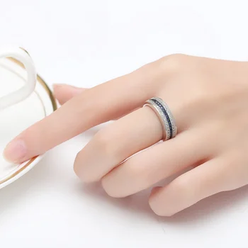 Evigheden Engagement Band Ring Luksus Smykker Fantastisk 925 Sølv Fylde Tre Rækker, Hvid&Blå AAA Cubic Zirconia Ring for Kvinder CZ