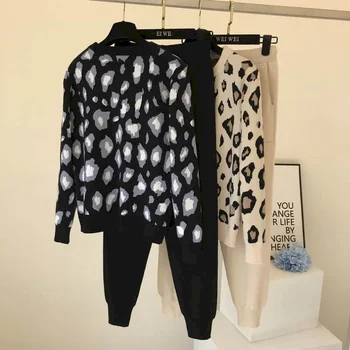 Træningsdragt kvinder 2020 efterår og vinter nye klæder loose montering leopard print sweater fortykket to-stykke strik bukser kvinder trendy