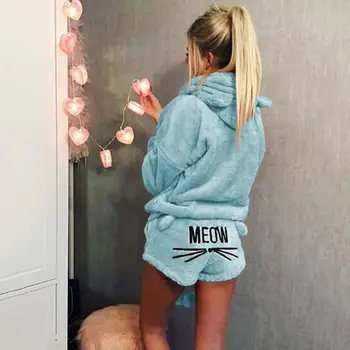 {Puls Size}Kvinders Fashion Vinter Kat Broderet Hætte med Lange Ærmer Shorts Pyjamas Casual Sæt To delt Sæt