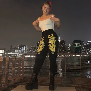 Harajuku Pant Women Kinesiske Drage Totem Print Casual Bukser Streetwear Elastisk Talje High Street Harem Bukser Hipster 2019 Efteråret