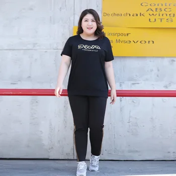 Kvinder Sommer Mode Korea Stil Korte Ærmer Brev Udskrive i Sort Farve T-shirt Og Bukser Lady Stor Størrelse 100 KG Nem Match Sæt