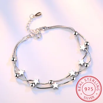 Koreansk Mode Multi-lags 925 Sterling Sølv Smykker, Matteret femtakket Stjerne perle-Kæde Max Kvindelige Armbånd SB13
