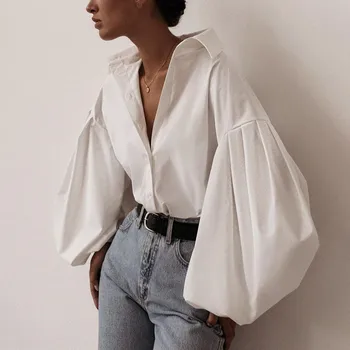 Forårets Mode-Knap Op-Shirt Med Vintage Bluse Kvinder Revers Latern Ærmet Bluse Kontor Dame Langærmet Kvindelige Løs Street Shirt