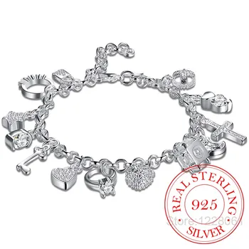 925 sterling sølv 13 charms på Tværs af Lock-Tasten Hjertet Stjernede Moon Flower Zircon armbånd armbånd women ' s fine smykker Tilbehør