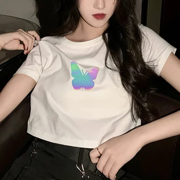 2020 Sommeren Reflekterende Butterfly Afgrøde Top Kvinders koreanske Trykt kortærmet Top Grundlæggende Shirt W824