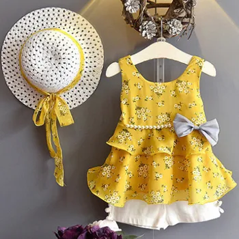 2019 Nye Sommer Piger Tøj Indstille Mode Blomster Print Sundress Pearl Bue Kjole+Shorts+solhat, der Passer 3STK Baby Piger Tøj