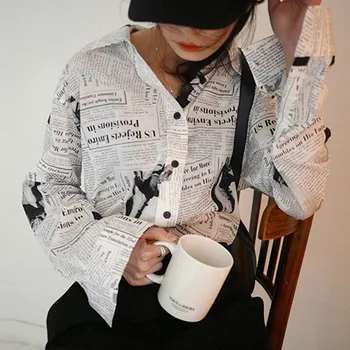 Kvinder Tøj 2020 Nye Mode med Lang Ærmet Sort Hvid Brev Avis Print Løs Casual Skjorte Kvinders Bluse