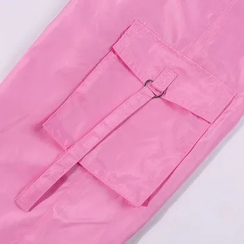 InstaHot Pink 2 Delt Sæt Kvinder Casual Lommer Løs Cargo Bukser Jogger Bukser Med Elastik I Taljen Ryg Strop Crop Tops Streetwear