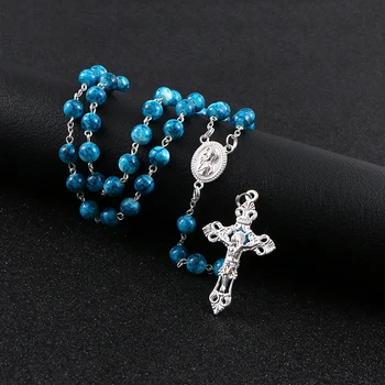 KOMi Rosenkrans Perler Kors Vedhæng Lang Halskæde Til Kvinder, Mænd Katolske Kristus Religiøse Jesus Blue Black Metal Smykker Gave R-225
