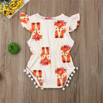 Nyfødte Baby Pige Fox Romper flyvende ærme Orange og sort Jumpsuit Heldragt Outfit sommer bomuld Sunsuit Tøj