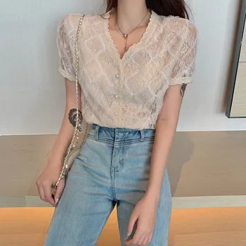 2020 Sommer Søde Søde Toppe Hot Salg Kvinder Koreanske Japan Preppy Stil Piger Kortærmet Lace Blouse-Knappen Shirts 3115
