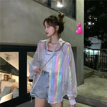 Solcreme tøj 2020 sommeren nye koreanske version løs design forstand niche rainbow solcreme shirt kvindelige studerende havfrue