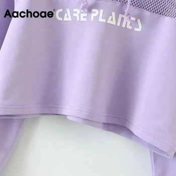Aachoae Kvinder Mesh Mode Patchwork Beskåret Trøjer Med Lange Ærmer Sport Lilla Hætte Sweatshirt Brev Print Casual Pullover Top