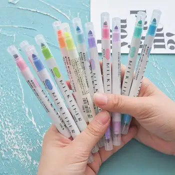 12 Farver/sæt Søde Mælk Liner Penne Highlighter Dobbelt Dobbelt Ledes Fluorescerende Pen Tegning Markør Pen Papirvarer Skole Levering