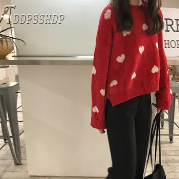 2019 Nye Preppy Stil Koreanske Løs Rund Hals Kvinder Sweater Dejlige Hjerte Strikning Kvinde Trøjer