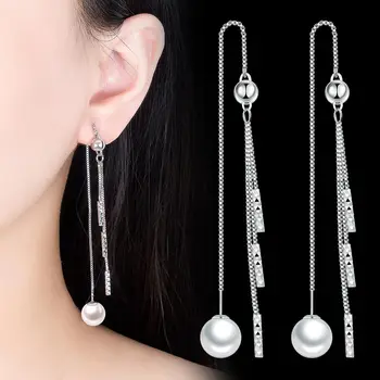 925 Sterling Sølv Temperament Kvast Design hvid Perle Håndlavet Lange Afsnit Øreringe Fine Smykker Til Kvinder Gave