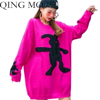 QING MO Red Diamond Kanin Print Sweater Kvinder 2020 Efterår og Vinter Sweater Strikket Pullover Sweater Tegnefilm Afslappet Frakke LHXX352