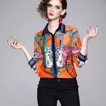 Banens Design Plus size Bluser om Sommeren autmun mode Kvinders langærmet Vintage Blomst Flerfarvet Print Skjorte Mode Toppe