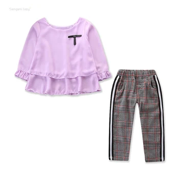 Toddler Baby Børn Piger Outfits Flæsekanter T-Shirt, Toppe+Tjekket Bukser Tøj Sæt Lange Ærmer Efteråret Tøj Tøj
