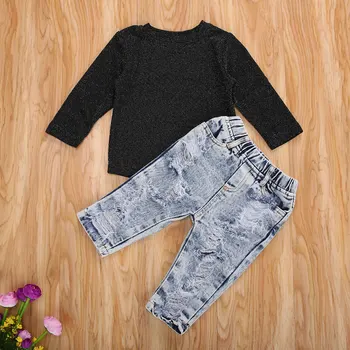 Baby Girl Fashion 2stk Tøj Bling Bling Paillet Perlebesat Top-Shirt, slidte Jeans Bukser Børn Forår Efterår Tøj 0-5 År