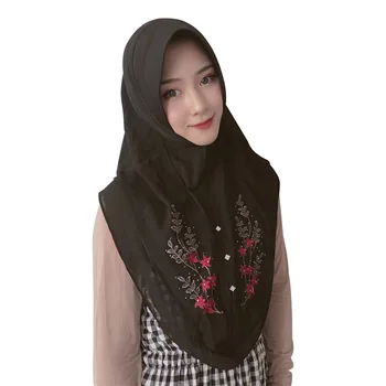 Muslimske Tørklæde Malaysiske Broderet Chiffon To Lag Chiffon Hijab Instant Sjal Wrap Hijab Eller Tørklæde 2019 Kvinder Mode