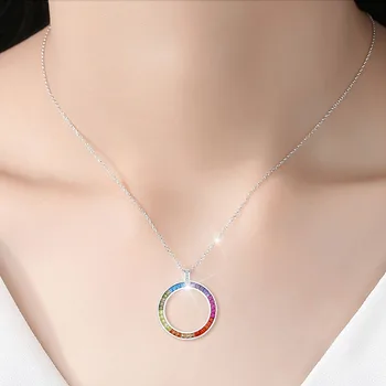 Stor Cirkel Rainbow Cubic Zircon Vedhæng Til Kvinder Europæiske Farverige Party Smykker 925-Sterling-Sølv Vedhæng Halskæde