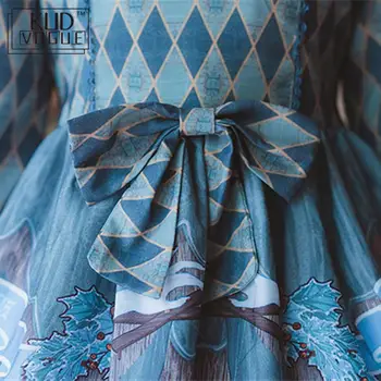 Victoriansk Lolita Vintage Kanin Trykt Op Lace Trim Dress Kvinder Med Lange Ærmer Kjole Palace Party Høj Talje Bue Prinsesse Kjoler