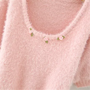 Falder 2020 afgrøde top kvinder beskåret sweater strikket pink sweater koreanske blomst sweater sød pullover square neck top puff ærmer