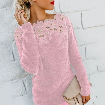 2020 Efterår Og Vinter Kvinder Solid Farve Blonder Patchwork Langærmet Sweater, Pullover Top Kvindelige Mode Strikkede Trøjer Damer