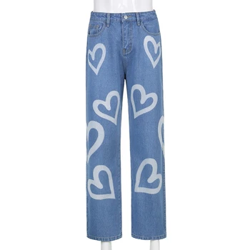 SHUJIN Vintage-Hjerte Trykt Y2K Baggy Jeans Kvinder, Høj Talje Harajuku Æstetiske Mødre Jeans Denim Streetwear 90'erne Denim Bukser