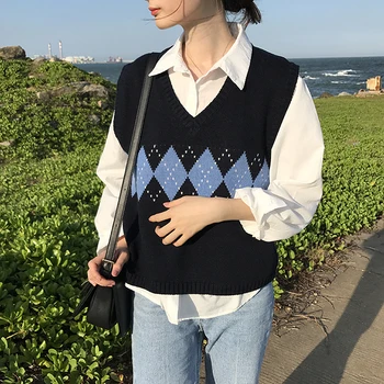 Kvinder Pullover Uden Ærmer Efteråret 2020 England Style Vintage Geometriske Rhombiske V Neck Strikket Sweater Vest Sort Vest T360