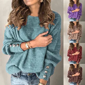 Kvinders Mode Solid Farve Pullover Rund Hals Varm langærmet Sweater Kvinder er Løs Casual Sweater Vestido De Mujer