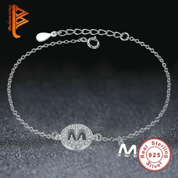 Fabrik 925 Sterling Sølv Round Bogstav M, Armbånd Til Kvinder Crystal Justerbar Armbånd, Kæde Link Luksus Smykker