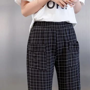 Kvinders Kalv-længde Casual bukser 2020 nye Sommer koreansk stil gitter dame Løs plue størrelse 5XL Elastisk Talje Blyant Bukser