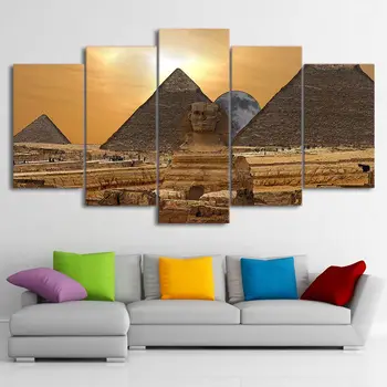 Lærred Til Væg Kunst Malerier Hjem Decor 5 Stykker Egyptiske Pyramider, Sfinksen Billeder Stue Modulære Print Faraoer Statue Plakat