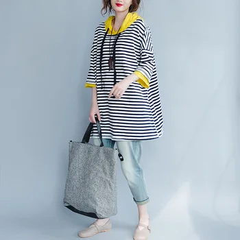 Plus Størrelse Stribet Hættetrøje Kvinder Korean Style Big Size Foråret Efteråret Sweatshirt Patchwork Hættetrøjer Kvindelige Løs Pullover Top 2019