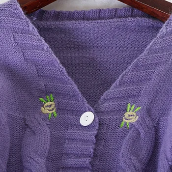 Koreanere V Hals Lanterne Lange Ærmer Strikkede Cardigans Kvindelige Broderi Solid Enkelt Bryst Kort Sweater Frakke Efteråret Ny