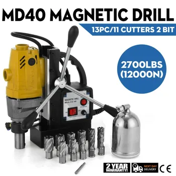 Md40 Magnetiske bore Bore Maskine 40mm 1100w W/13pc Øvelser 12000n 2700lbs