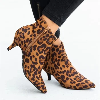 Efteråret Kvinders Ankel Støvler Leopard Kvindelige Zip-Spids Tå Kvinde Slangeskind Stiletter Plus Size Sexede Damer Ruskind Kvinder Sko