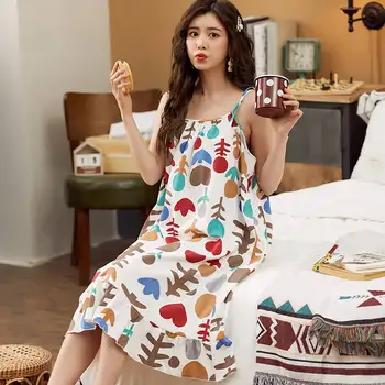 Nightgowns Kvinder Trykt Mode Plus Størrelse 5XL Løs Sød koreansk Stil Nattøj Smarte Fritid Dame Sexet Spaghetti Strop Hjem