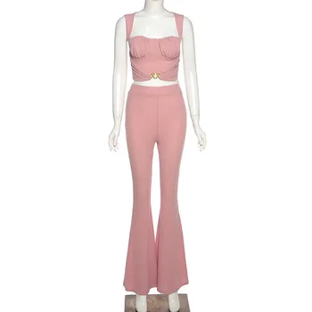 Beyprern Elegante Hvide To-Delt Sæt Dame Casual Ærmeløs Detaljer Afgrøde Top Og Bred Ben Matchende Sæt Pink Tøj Streetwear