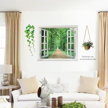 Landskab Falske windows wall sticker skov stil soveværelse stue baggrund flytbare udsmykning diy decals art 3D klistermærker
