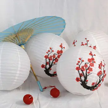 Sæt Med 3 Røde Sakura(Kirsebær)Blomster Hvide Farve Kinesisk/Japansk Papir Lygte/Lampe 16 Tommer I Diameter,Sæt Med 3