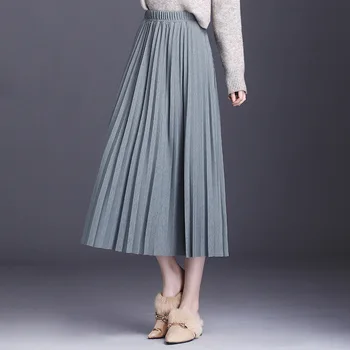 2020 Kvinde Nederdele Ensfarvet Lang Plisseret Nederdel Elastisk Talje Vinter Elegante Damer, Casual Nederdele