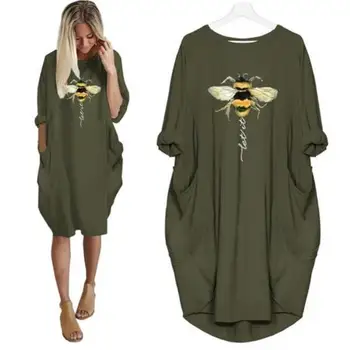 Hillbilly Kvinder Bee Type Tro Kjole Æstetik Grafisk Længde Ærmer bomuld kjoler Kvindelige Camisetas 2020 5XL store