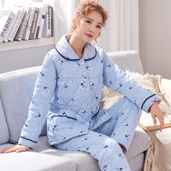 Kvinders Pyjamas Stor Størrelse Flerfarvet Bomuld Nattøj Vinter Varm Toppe og Bukser, To-delt Sæt Damer Vinter Home Service A922