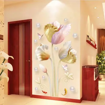 DIY 3D Tulipaner Blomster Butterfly Wall Sticker stuen Indgang Hjem Dekoration Gangen Soveværelse vægoverføringsbilleder Vægmaleri Plakat