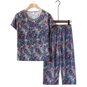 Plus Størrelse Sommer Pyjamas, der Passer midaldrende Kvinder, der Trykte T-shirt, Toppe og Bred Ben Bukser, 2 Stk Sæt Kvindelige Nattøj Home Service