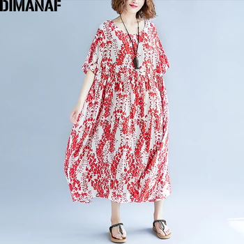 DIMANAF Kvinder Sommer Kjole Plus Size Kvinde Elegant Dame Vestidos Print Blomster Røde Afslappet Oversize Holiday Beach Lange Kjoler